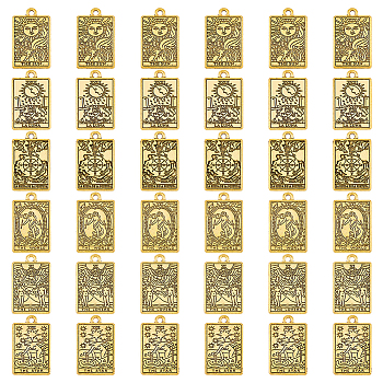 36Pcs 6 Style Tibetan Style Alloy Pendants, Rectangle with Tarot Charm, Antique Golden, 23x14x1.5mm, Hole: 2mm, 6pcs/style