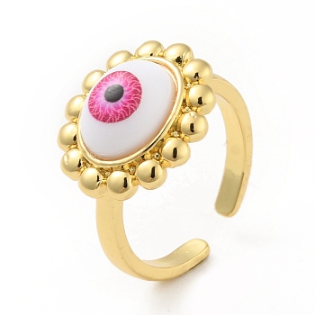 Acrylic Sun with Evil Eye Open Cuff Ring, Real 18K Gold Plated Brass Jewelry for Women, Cadmium Free & Lead Free, Hot Pink, US Size 6 3/4(17.1mm)