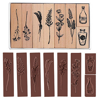 Plants and Flowers Style Wooden Rubber Stamps, for DIY Craft Card Scrapbooking Supplies, BurlyWood, 65.5x14.5x25.5mm and 32.5x17x25.5mm, 8pcs/set
