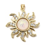 Brass Micro Pave Clear Cubic Zirconia Pendants, Long-Lasting Plated, Rack Plating, Lead Free & Cadmium Free, Sun Charms, with Resin, Real 18K Gold Plated, 36x34x7mm, Hole: 3.5x2mm(KK-H267-36G)