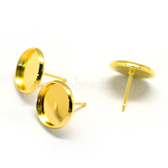 Iron Stud Earring Settings, Flat Round, Golden, Tray: 12mm, 14mm, Pin: 0.8mm(MAK-Q007-22)