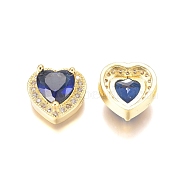 Brass Micro Pave Cubic Zirconia Beads, Heart, Blue & Clear, Golden, 12x12.5x6.5mm, Hole: 1x2mm(ZIRC-I038-27G)
