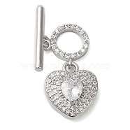 Brass Micro Pave Clear Cubic Zirconia Toggle Clasps, Heart, Platinum, 25mm, Bar: 16x4x1mm, Hole: 1.2mm; Ring: 9x10x2mm, Hole: 1mm(KK-N254-82P)