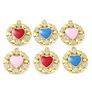Brass Micro Pave Clear Cubic Zirconia Pendants, with Enamel, Real 18K Gold Plated, Flower with Heart Charms, Mixed Color, 20.5x18x2.5mm, Hole: 1.8mm(KK-F871-02G)
