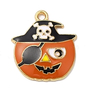 Halloween Alloy Enamel Pendants, Light Gold, Pumpkin with Skull & Hat, Chocolate, 23x20.5x4mm, Hole: 2mm(ENAM-D046-12KCG)