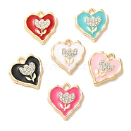 Alloy Enamel Pendants, with Rhinestone, Heart with Flower Charm, Golden, Mixed Color, 23x20x3.5mm, Hole: 3mm(ENAM-R147-12G)