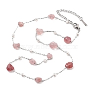 Natural Strawberry Quartz Nuggets Link Chain Necklaces, 316 Surgical Stainless Steel Jewelry for Women, Platinum, 18.66~20.94 inch(47.4~53.2cm)(NJEW-H041-06P-05)