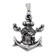 304 Stainless Steel Big Pendants, Anchor with Pirate Charm, Antique Silver, 51.5x37.5x5mm, Hole: 8x4.5mm(STAS-P367-01AS)