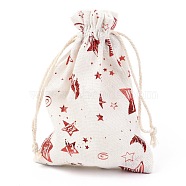 Christmas Theme Cotton Fabric Cloth Bag, Drawstring Bags, for Christmas Party Snack Gift Ornaments, Star Pattern, 14x10cm(ABAG-H104-B04)