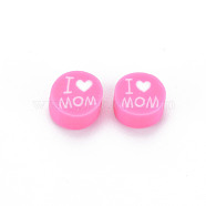 Handmade Polymer Clay Beads, Mother's Day Theme, Flat Round with Word I Love MOM, Hot Pink, 8~9.5x3.5~4.5mm, Hole: 1.5mm(CLAY-T019-11H)