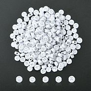 300pcs 2 Styles Opaque White Acrylic Beads, Metal Enlaced, Flat Round with Letters, Silver Plated, 7x3.5~4mm, Hole: 1.5~1.8mm(MACR-YW0002-58B)
