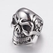 304 Stainless Steel Beads, Skull, Large Hole Beads, Antique Silver, 15x11x14mm, Hole: 8mm(STAS-P173-135AS)