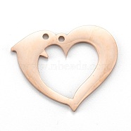 Ion Plating(IP) 304 Stainless Steel Pendants, Laser Cut, Heart with Dolphin, Rose Gold, 24.5x30x1.4mm, Hole: 1.6mm(STAS-P280-17RG)