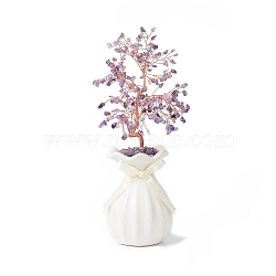 Natural Amethyst Chips with Brass Wrapped Wire Money Tree on Ceramic Vase Display Decorations, for Home Office Decor Good Luck , 150x81x280mm(DJEW-B007-01B)