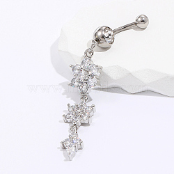 Brass Clear Shiny Cubic Zirconia Flower Belly Button Rings for Ladies Daily Vacation Wear, Platinum, 70x12mm(ER6034)