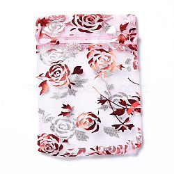 Organza Drawstring Jewelry Pouches, Wedding Party Gift Bags, Rectangle with Red Stamping Rose Pattern, Pearl Pink, 15x10x0.11cm(OP-I001-C11)