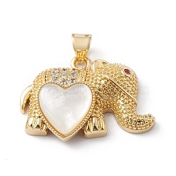 Rack Plating Brass Micro Pave Cubic Zirconia Pendants, with Shell, Long-Lasting Plated, Cadmium Free & Lead Free, Elephant with Heart Charm, Real 18K Gold Plated, 19x25.5x6mm, Hole: 5mm(KK-E003-22G)