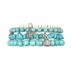 4Pcs 4 Style Synthetic Turquoise Beaded Stretch Bracelets SET, Turtle & Shell Alloy Charms Stackable Bracelets, Inner Diameter: 2-3/8 inch(6cm), 1Pc/style(BJEW-TA00377)