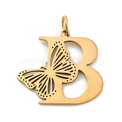 Ion Plating(IP) 201 Stainless Steel Pendants, Letter with Butterfly Charms, Golden, Letter B, 27x29x1.5mm, Ring: 7x1mm, Hole: 5mm(STAS-N103-184G-B)