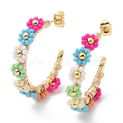 PVD Vacuum Plating 304 Stainless Steel Round Stud Earrings, Glass Seed Beaded Flower Half Hoop Earrings, Colorful, 35x34x7mm(STAS-D058-13G)