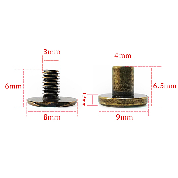 Brass Rivets, with Iron Screw, for Purse Handbag Shoes Leather Craft Clothes Belt Bookbinding, Round, Antique Bronze, 0.9x0.65cm