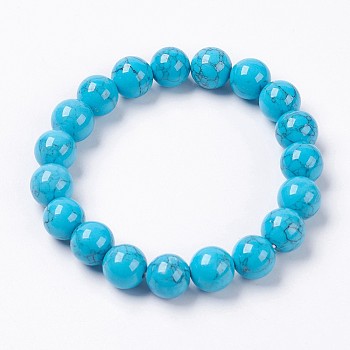 Natural Howlite Jade Beaded Stretch Bracelet, Dyed, Round, Deep Sky Blue, 2 inch(5cm), Beads: 8mm