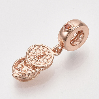 Brass Micro Pave Cubic Zirconia European Dangle Charms, Large Hole Pendants, with Navajo White Enamel, Steamed Buns, Real Rose Gold Plated, 25mm, Hole: 4.5mm, Steamed Buns: 15x8x4mm