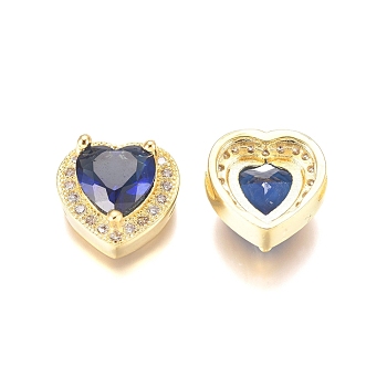 Brass Micro Pave Cubic Zirconia Beads, Heart, Blue & Clear, Golden, 12x12.5x6.5mm, Hole: 1x2mm