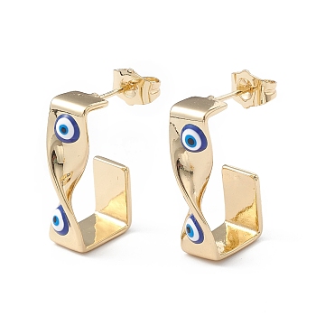 Brass Enamel Evil Eye Stud Earrings, with Ear Nuts, Real 18K Gold Plated Twist Earrings for Women Girls, Blue, 24x12mm, Pin: 1mm