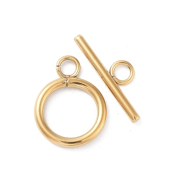 Ion Plating(IP) 304 Stainless Steel Ring Toggle Clasps, Real 18K Gold Plated, 19x14x2mm, Hole: 3mm, Bar: 6.5x21x2, Hole: 3mm