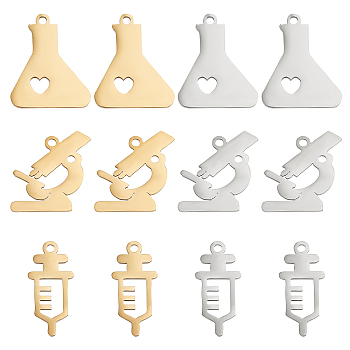 Unicraftale 12Pcs 6 Style Ion Plating(IP) 201 Stainless Steel Pendants, Laser Cut, Mixed Shape, Golden & Stainless Steel Color, 15.5~18x8.5~15.51mm, Hole: 1.4mm, 2pcs/style