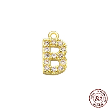 Real 18K Gold Plated 925 Sterling Silver Micro Pave Clear Cubic Zirconia Charms, Initial Letter, Letter B, 9.5x5x1mm, Hole: 0.9mm