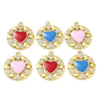 Brass Micro Pave Clear Cubic Zirconia Pendants, with Enamel, Real 18K Gold Plated, Flower with Heart Charms, Mixed Color, 20.5x18x2.5mm, Hole: 1.8mm