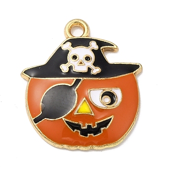 Halloween Alloy Enamel Pendants, Light Gold, Pumpkin with Skull & Hat, Chocolate, 23x20.5x4mm, Hole: 2mm