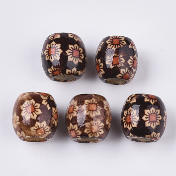 Printed Natural Wood Large Hole Beads, Barrel, Lead Free, Coconut Brown, 16x14.5~16.5mm, Hole: 7.5mm