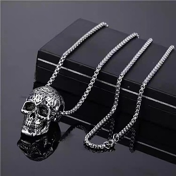 Alloy Ruby Rhinestone Pendant 667 Stainless Steel Chain Necklaces, Stainless Steel Color, Skull, 23.62~27.56 inch(60~70cm)
