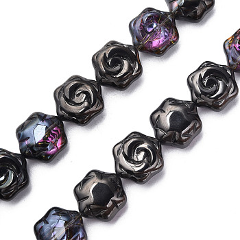 Electroplate Glass Beads Strands, AB Color, Flower, Black, 16x14.5x7.5mm, Hole: 1mm, about 40Pcs/strand, 24.80 inch(63cm)