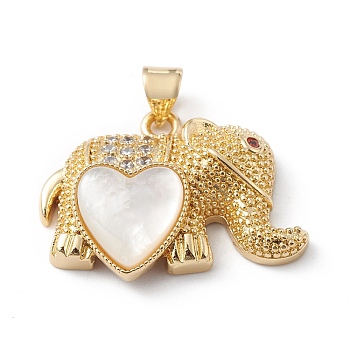 Rack Plating Brass Micro Pave Cubic Zirconia Pendants, with Shell, Long-Lasting Plated, Cadmium Free & Lead Free, Elephant with Heart Charm, Real 18K Gold Plated, 19x25.5x6mm, Hole: 5mm
