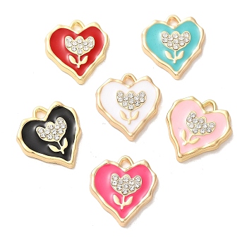 Alloy Enamel Pendants, with Rhinestone, Heart with Flower Charm, Golden, Mixed Color, 23x20x3.5mm, Hole: 3mm