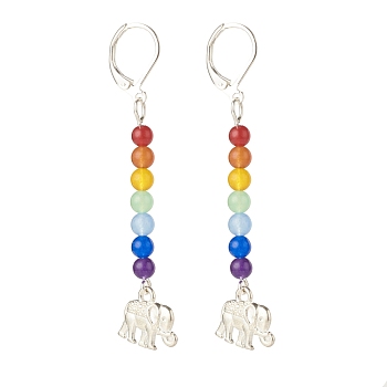 Natural Malaysia Jade with Alloy Elephant Long Dangle Leverback Earrings, 7 Chakra Gemstone Jewelry for Women, Antique Silver, 61.5mm, Pin: 0.6mm