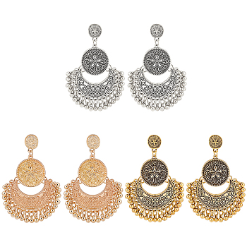 3 Pairs 3Colors Alloy Moon with Flower Chandelier Earrings, Long Drop Earrings, Mixed Color, 69~69.5x37mm, 1 Pair/color