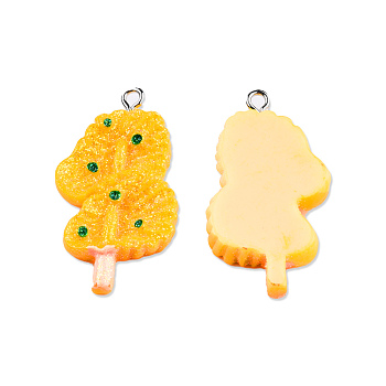Opaque Resin Pendants, with Platinum Plated Iron Loops and Glitter Powder, Imitation Food, Roasted Cabbage Charm, Gold, 34x19~20x5.5mm, Hole: 2mm