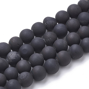 Electroplate Natural Druzy Geode Weathered Agate Beads Strands, Frosted, Dyed, Round, Black Plated, 10~10.5mm, Hole: 1.5mm, about 40pcs/strand, 15.5 inch