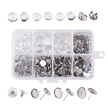 DIY Earring Making, with Transparent Glass Cabochons, Stainless Steel Plastic Earring Ear Nuts and Ear Stud Components, Stainless Steel Color, 11x7x3cm