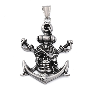 304 Stainless Steel Big Pendants, Anchor with Pirate Charm, Antique Silver, 51.5x37.5x5mm, Hole: 8x4.5mm