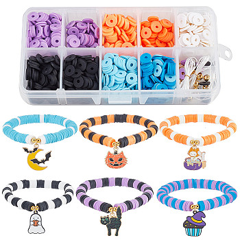 Halloween Bracelets Making Kit, Including Bat & Cat & Ghost & Pumpkin Alloy Enamel Pendants, Polymer Clay Disc Beads, Mixed Color, 996Pcs/box