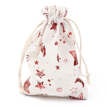 Christmas Theme Cotton Fabric Cloth Bag, Drawstring Bags, for Christmas Party Snack Gift Ornaments, Star Pattern, 14x10cm