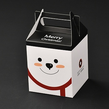 Christmas Theme Paper Fold Gift Boxes, with Handle, for Presents Candies Cookies Wrapping, Bear Pattern, 8.5x8.5x14.5cm