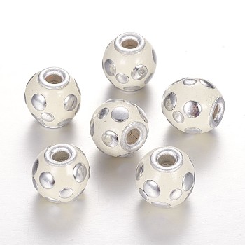 Round Handmade Indonesia Beads, with Alloy Cores, Platinum, Creamy White, 12.5x13mm, Hole: 3mm