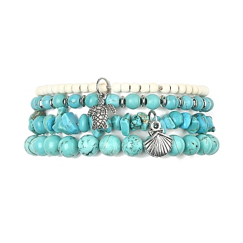 4Pcs 4 Style Synthetic Turquoise Beaded Stretch Bracelets SET, Turtle & Shell Alloy Charms Stackable Bracelets, Inner Diameter: 2-3/8 inch(6cm), 1Pc/style
